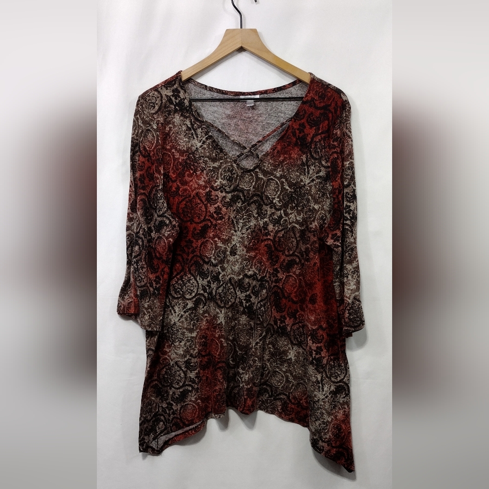 Avenue Floral Asymmetrical Hemline Blouse Women's 22/24 Brown Red Boho Retro Y2K